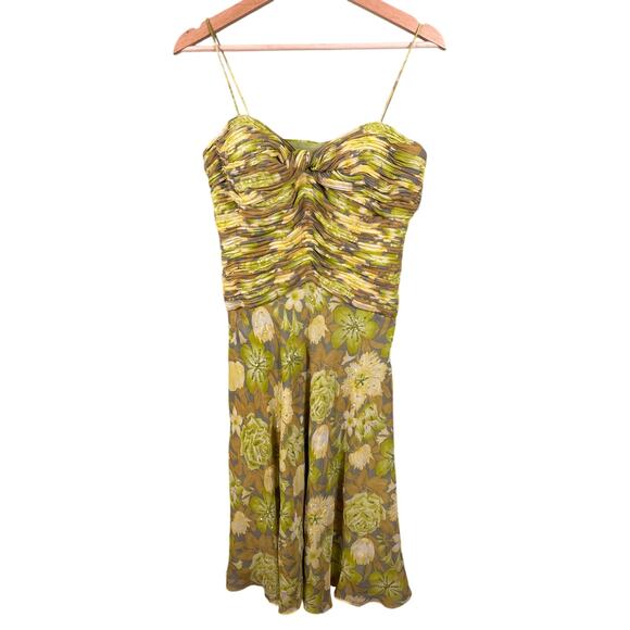 Chetta B Midi Dress Womens Size 6 Y2K Floral Silk Ruched Cinched Spaghetti Strap - Picture 1 of 13